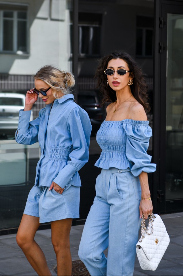 Vintage Denim Blouse with frowning