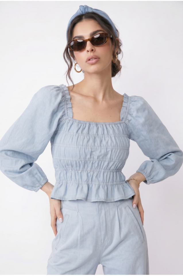 Vintage Denim Blouse with frowning 